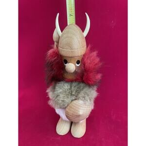 Scandinavian Danish Wooden Viking Figurine Fur Helmet Spear Shield Denmark 7.5”
